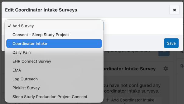Edit Coordinator Intake Surveys Modal